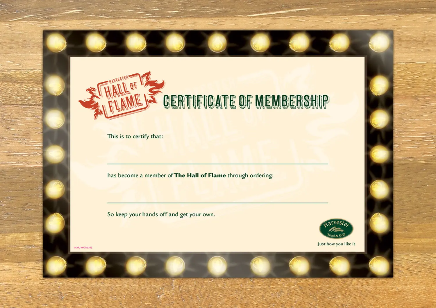 Harvester's 'junior Chef' membership certificate