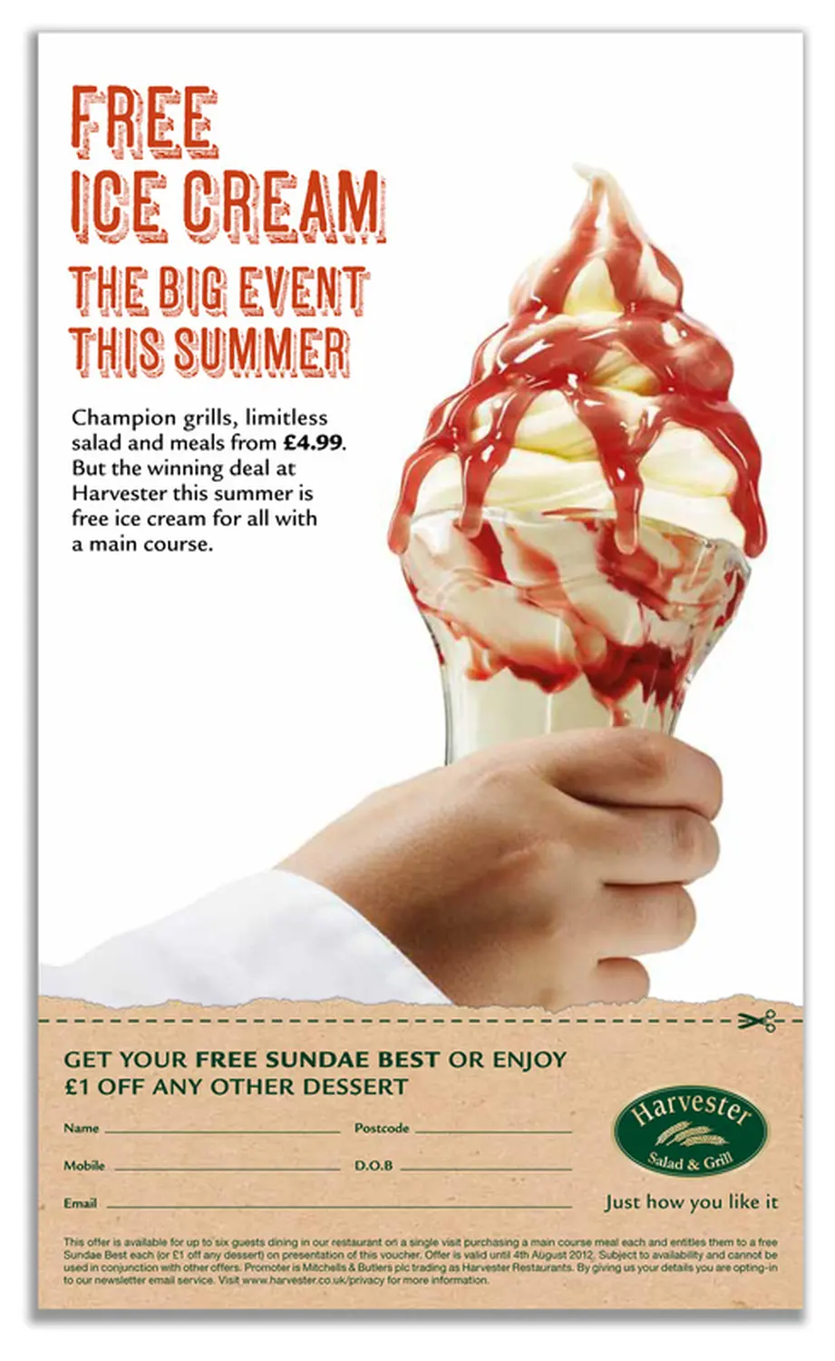 Harvester's 'junior Chef' Free ice cream flyer 