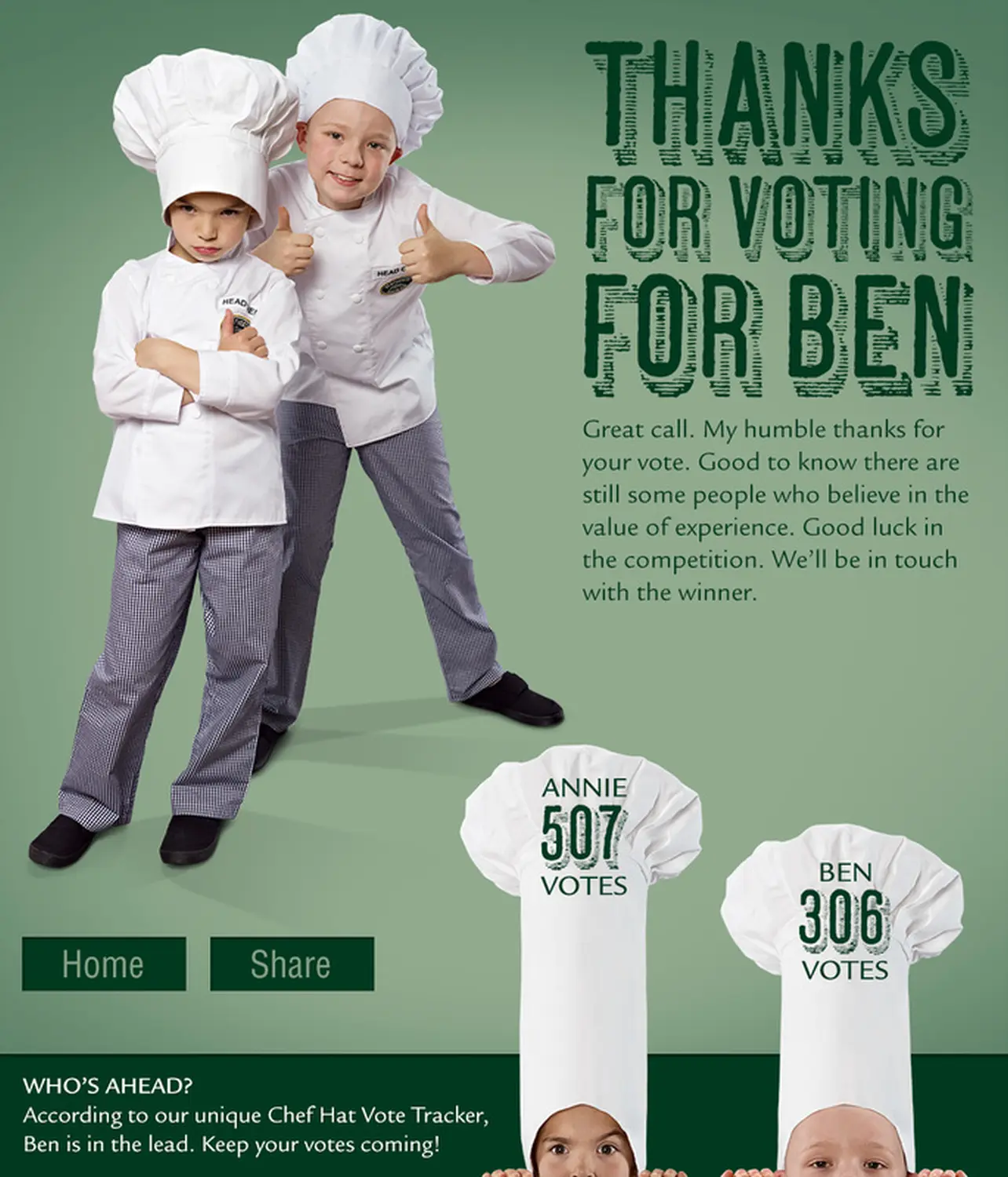 Harvester's 'junior Chefs' thanks for voting for ben  flyer